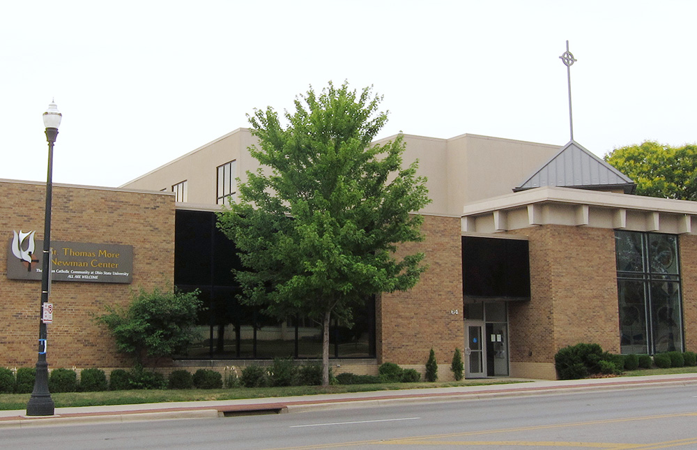 A 2012 exterior photo of the St. Thomas More Newman Center in Columbus, Ohio, shows the sign that read at the bottom, "All are welcome." (Wikimedia Commons/Nheyob)