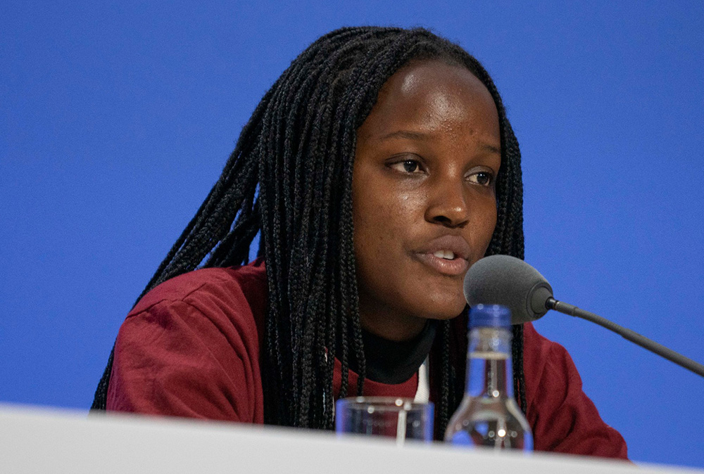 Vanessa Nakate speaks during a press conference on sustainable food production during the COP26 climate conference in Glasgow, Scotland, in 2021. (Courtesy of IFAD)