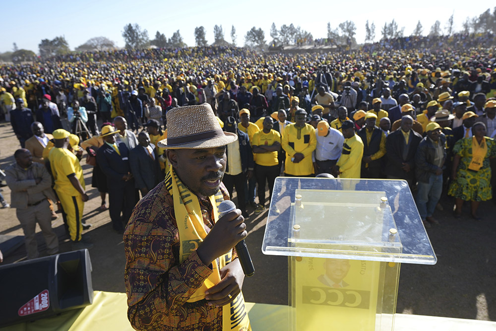 Zimbabwe's main opposition leader, Nelson Chamisa, addresses party supporters at a rally on the outskirts of Harare July 17. (AP/Tsvangirayi Mukwazhi)