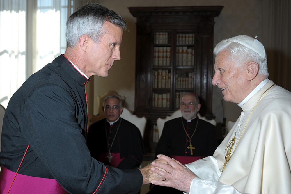 Then-Msgr. Joseph Strickland greets Pope Benedict XVI at the Vatican in March 2012. Benedict appointed Strickland bishop of Tyler, Texas, later that year. (CNS/L'Osservatore Romano)