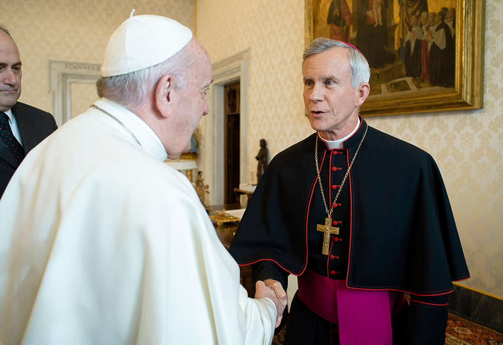 Pope Francis greets Bishop Joseph Strickland of Tyler, Texas, during a meeting with U.S. bishops from Arkansas, Oklahoma and Texas during their ad limina visits to the Vatican Jan. 20, 2020. Strickland tweeted May 12 that he "rejects" Pope Francis' "program of undermining the Deposit of Faith."(CNS/Vatican Media)