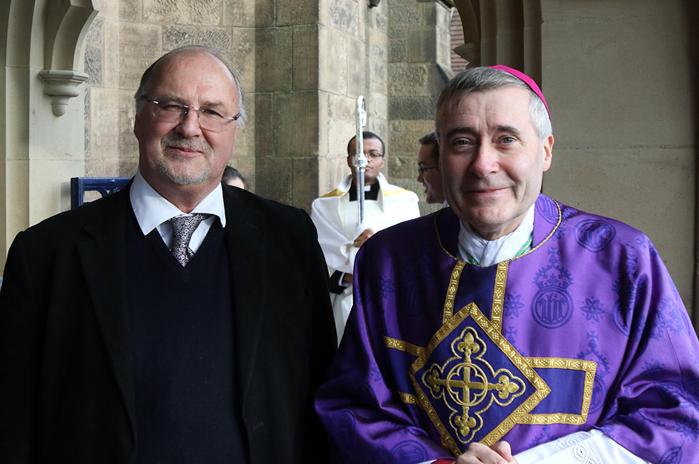 Gavin Ashenden (left), a former Anglican bishop, is pictured with Bishop Mark Davies of Shrewsbury, England, following Ashenden's reception into the Catholic faith Dec. 19, 2019. (CNS/Simon Caldwell)
