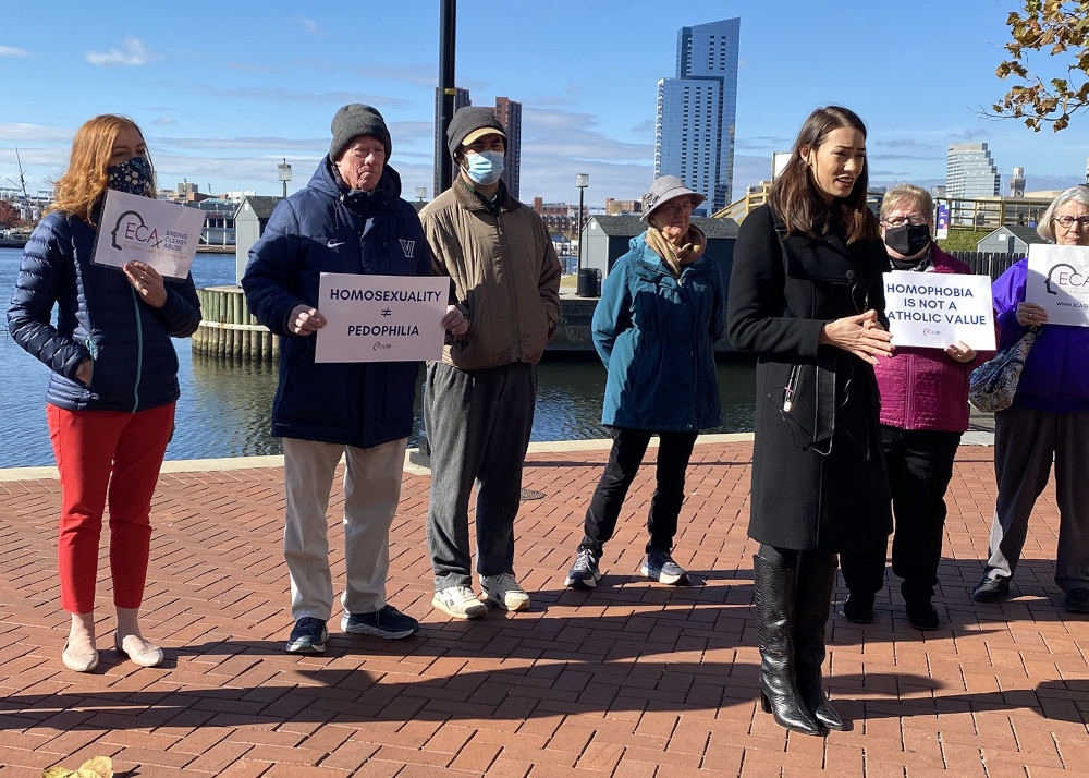 A group of clergy abuse survivors at a news conference in Baltimore in November 2021, outside the plenary assembly of the U.S. bishops' conference. (CNS photo/Rhina Guidos)