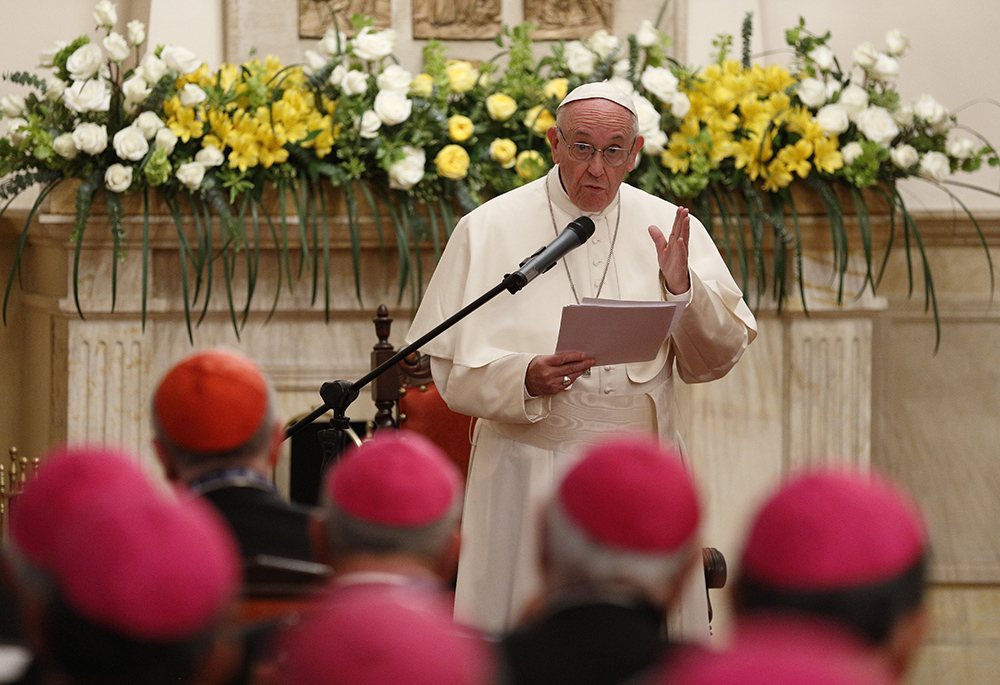 Pope Francis addresses the executive committee of the Latin American bishops' council, or CELAM, at the apostolic nunciature Sept. 7, 2017, in Bogota, Colombia. As archbishop of Buenos Aires, he led the committee that drafted the final document of the council's 2007 meeting in Aparecida, Brazil. (CNS/Paul Haring)