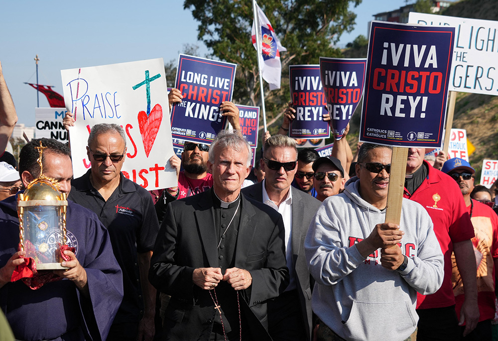 Bishop Joseph Strickland of Tyler, Texas, walks in a procession June 16 in Los Angeles, to protest the Los Angeles Dodgers honoring the "Sisters of Perpetual Indulgence" drag group during the team's LGBTQ+ Pride Night at Dodger Stadium. (OSV News/Reuters/USA TODAY Sports/Kirby Lee)