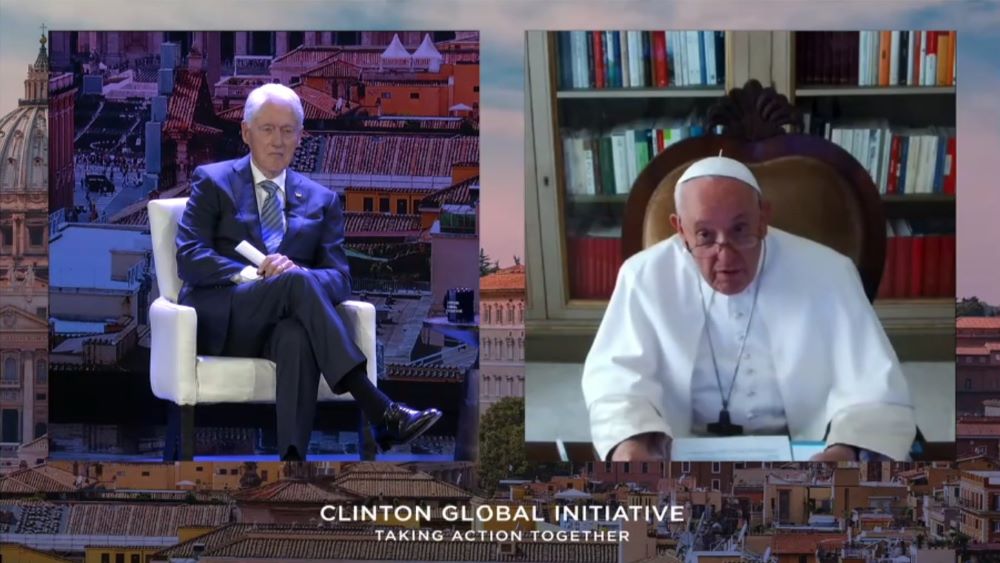 Pope Francis speaks with former U.S. President Bill Clinton in a video call during a meeting of the Clinton Global Initiative in New York, Sept. 18, 2023. (CNS screengrab/Courtesy Clinton Global Initiative)