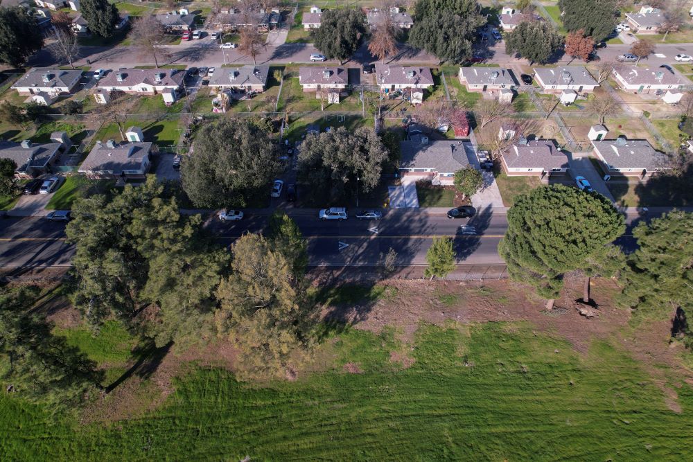 An aerial view shows a neighborhood adjacent to Van Buskirk Park in Stockton, Calif., Jan. 26, 2023. Environmental groups hope the former municipal golf course will be converted into a restored floodplain. (OSV News/Reuters/Nathan Frandino)