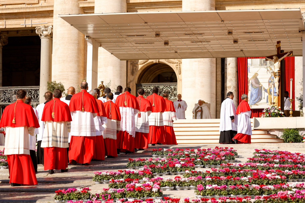Pope Francis and new cardinals arrive for a consistory for the creation of 21 new cardinals in St. Peter's Square at the Vatican Sept. 30, 2023. (CNS photo/Lola Gomez)