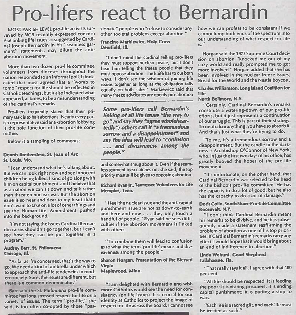 Digital scan of the top-half of "Pro-lifers react to Bernardin," on Page 28 of the NCR print issue dated April 6, 1984 (NCR archives)