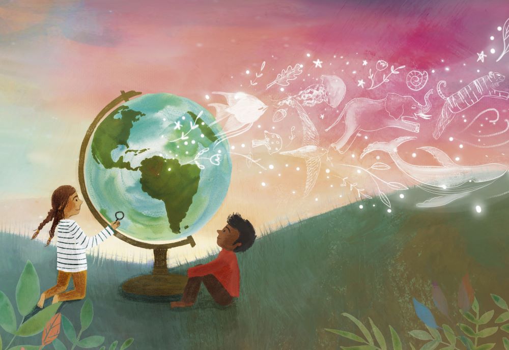 An illustration from Dear Mama God, showing two children looking at an oversized globe