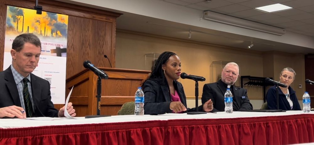 Rep. Summer Lee speaks during an event on a moral response to air pollution held Aug. 29 at Duquesne University in Pittsburgh. Also pictured are, from left, Dan Scheid, Scalabrinian Fr. Bill Christy and Sister of St. Joseph Kari Pohl. (Duquesne University)