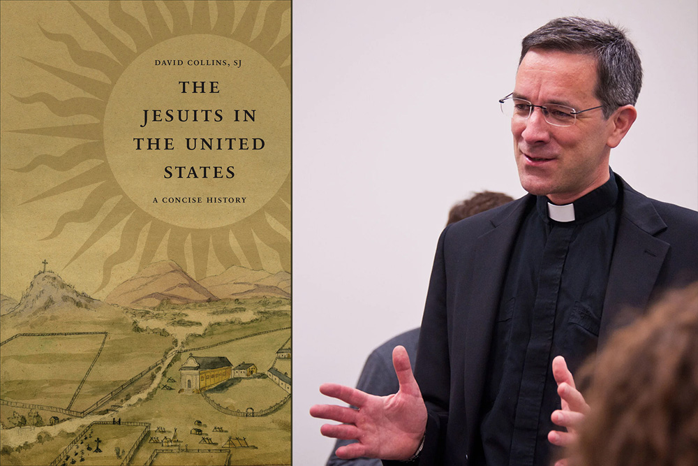 The cover of The Jesuits in the United States: A Concise History, and author Jesuit Fr. David Collins (Georgetown University)