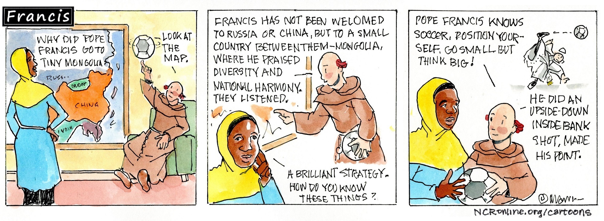 Francis, the comic strip: Why did Francis go to Mongolia? Look at the map to find out.