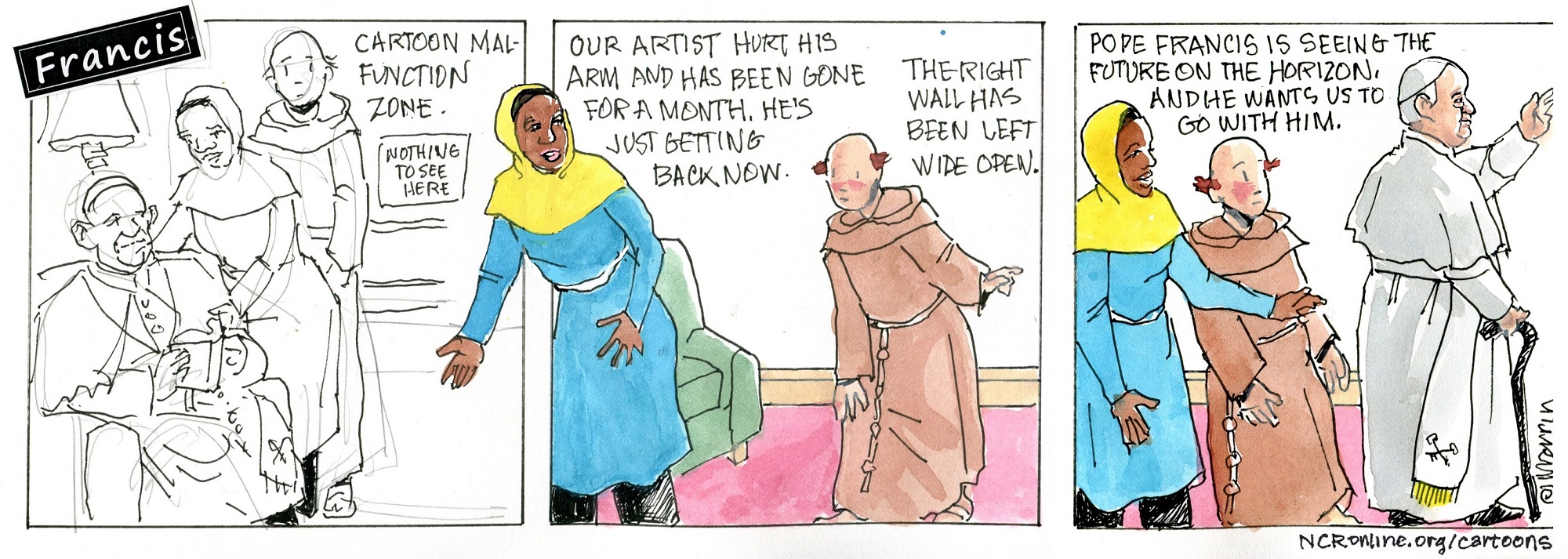 The cartoonist returns. But where is Pope Francis going?