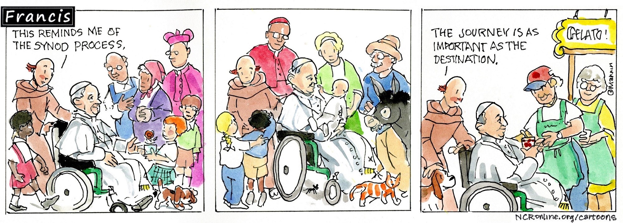 Francis, the comic strip: For Francis, the synod is a journey.