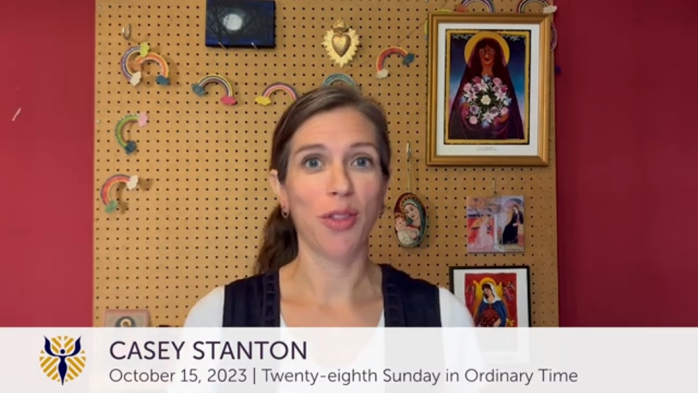 Casey Stanton, co-director of Discerning Deacons, preaches about synodality in a Catholic Women Preach video. (NCR screengrab/Catholic Women Preach)