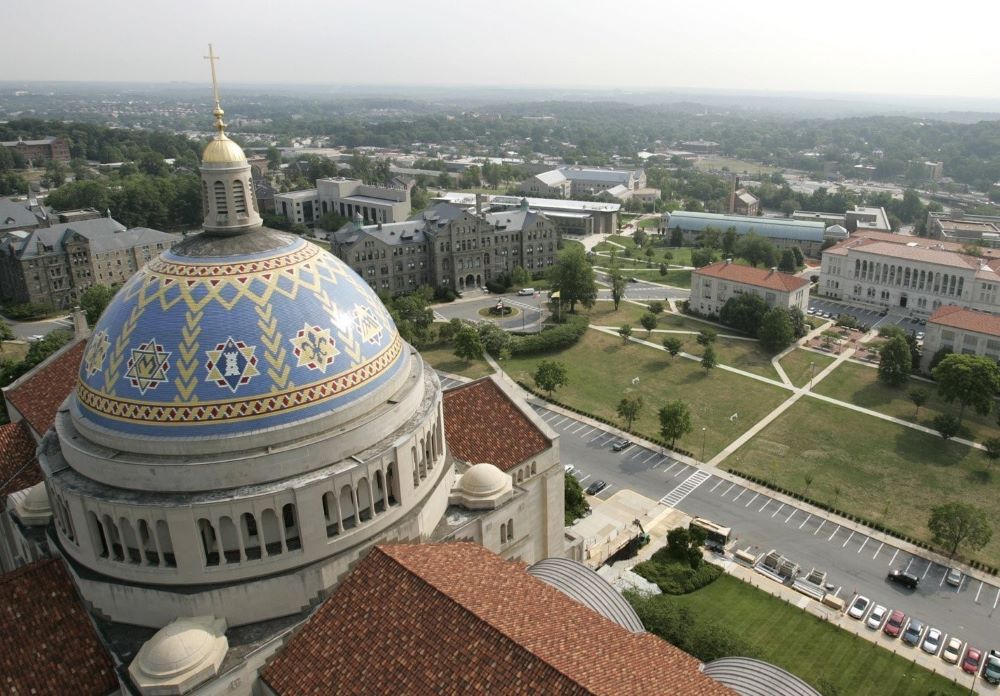Catholic University of America campus seen from nearby cathedral bell tower.