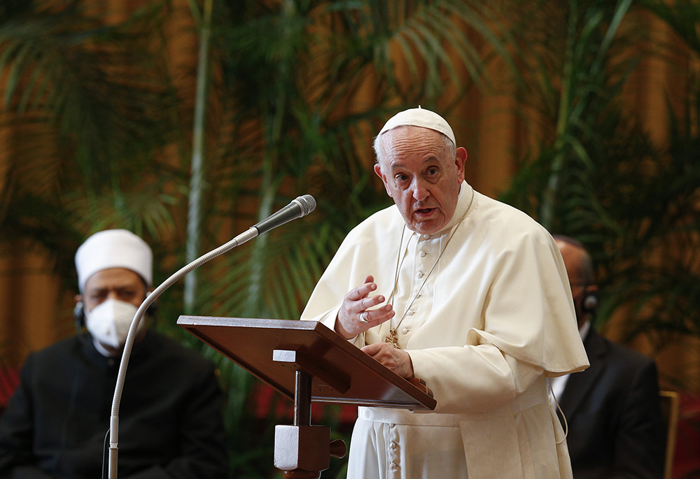 Pope Francis addresses the meeting, "Faith and Science: Towards COP26," with religious leaders in the Hall of Benedictions at the Vatican in this Oct. 4, 2021, file photo. Francis on Oct. 4, 2023, released a document castigating Western nations for "irresponsible lifestyle[s]" causing irreparable harm to the planet. (CNS/Paul Haring)