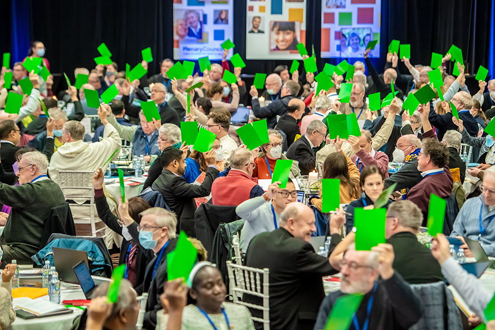 Plenary Council members in Sydney signal their assent to a procedural vote July 5, 2022, during the Second Assembly in St. Mary's Cathedral College Hall. (CNS/The Catholic Weekly/Giovanni Portelli)