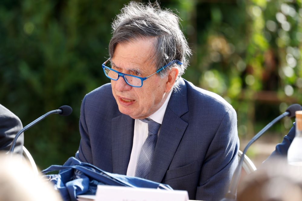 Giorgio Parisi, winner of the 2021 Nobel Prize in Physics, speaks at a conference about Pope Francis' document on the climate crisis "Laudate Deum" ("Praise God") in the Vatican Gardens Oct. 5, 2023. (CNS/Lola Gomez)