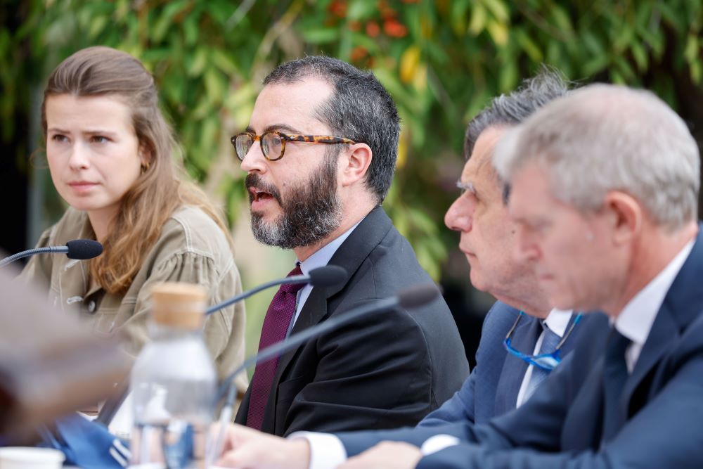 Jonathan Safran Foer, a writer, speaks at a conference about Pope Francis' document on the climate crisis "Laudate Deum" ("Praise God") in the Vatican Gardens Oct. 5, 2023. (CNS/Lola Gomez)