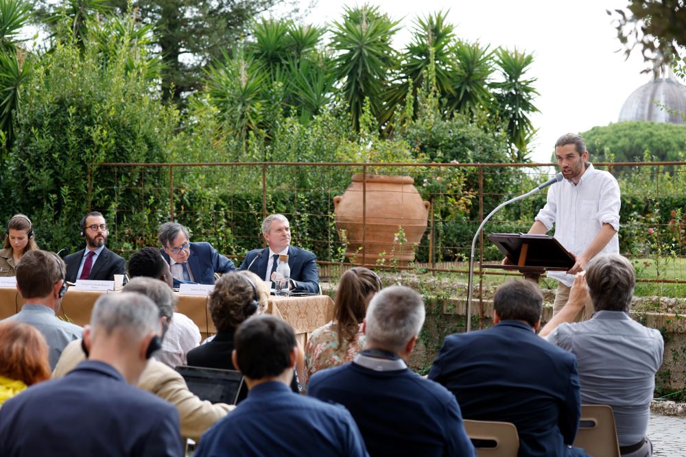 Benoit Halgand, co-founder of the French group, For an Ecological Awakening, speaks at a conference about Pope Francis' document on the climate crisis "Laudate Deum" ("Praise God") in the Vatican Gardens Oct. 5, 2023. (CNS/Lola Gomez)