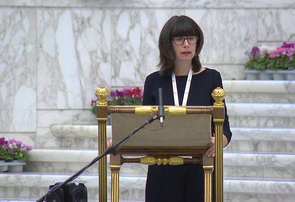 Theologian Anna Rowlands, the St. Hilda Chair of Catholic Social Thought and Practice at Durham University in Great Britain, gives a theological reflection as the assembly of the Synod of Bishops begins work on its second section, communion, in this screen grab from Oct. 9, in the Vatican's Paul VI Audience Hall. (CNS/Vatican Media, via YouTube)