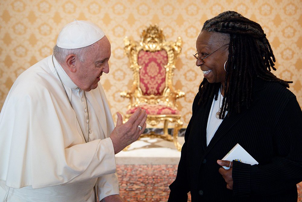 Pope Francis meets with actor and comedian Whoopi Goldberg during a private audience at the Vatican Oct. 12. (CNS/Vatican Media)