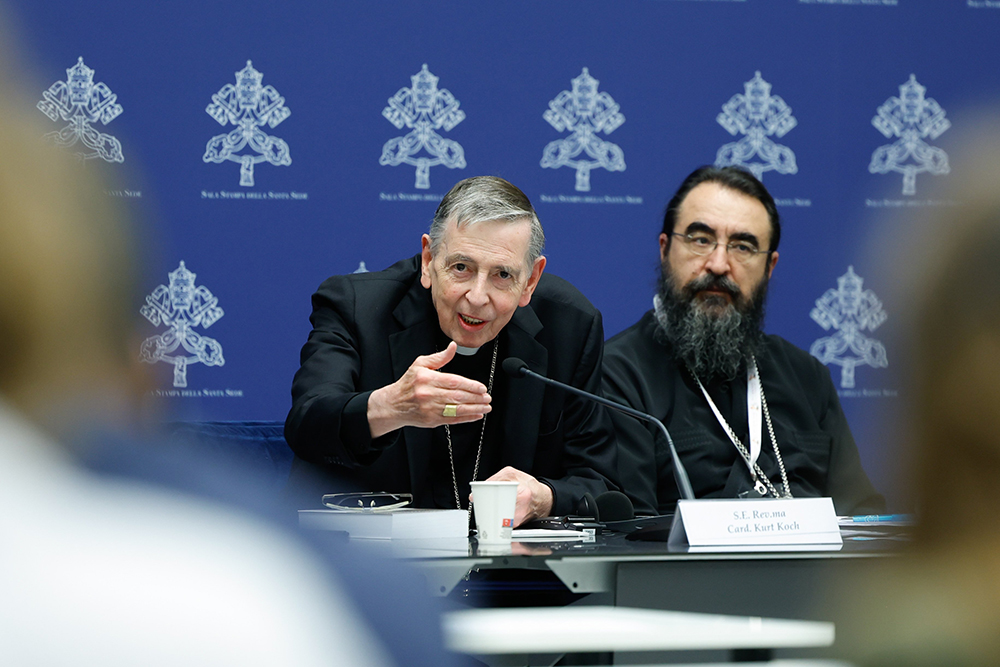 Cardinal Kurt Koch, prefect of the Dicastery for Promoting Christian Unity, speaks during a briefing about the assembly of the Synod of Bishops at the Vatican Oct. 26. (CNS/Lola Gomez)