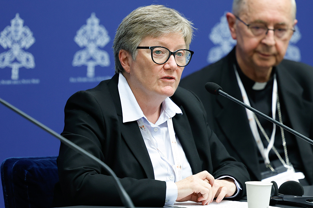 Catherine Clifford, professor of theology at St. Paul University in Ottawa, speaks during a briefing about the assembly of the Synod of Bishops at the Vatican Oct. 26. (CNS/Lola Gomez)