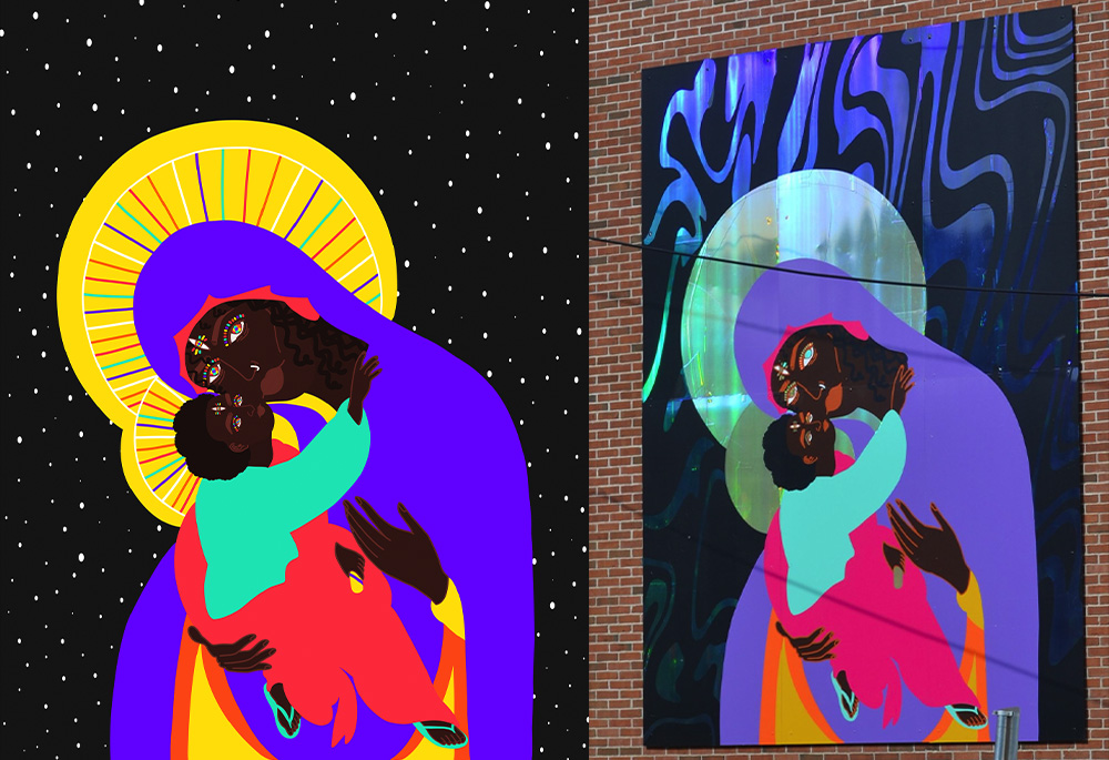 On the right is "Black Freedom, Black Madonna & the Black Child of Hope" original digital art by Raphaella Brice, and on the left is the Juneteenth mural of the piece on the south-facing exterior wall of the Fletcher Free Library in Burlington, Vermont. (Courtesy of Raphaella Brice)