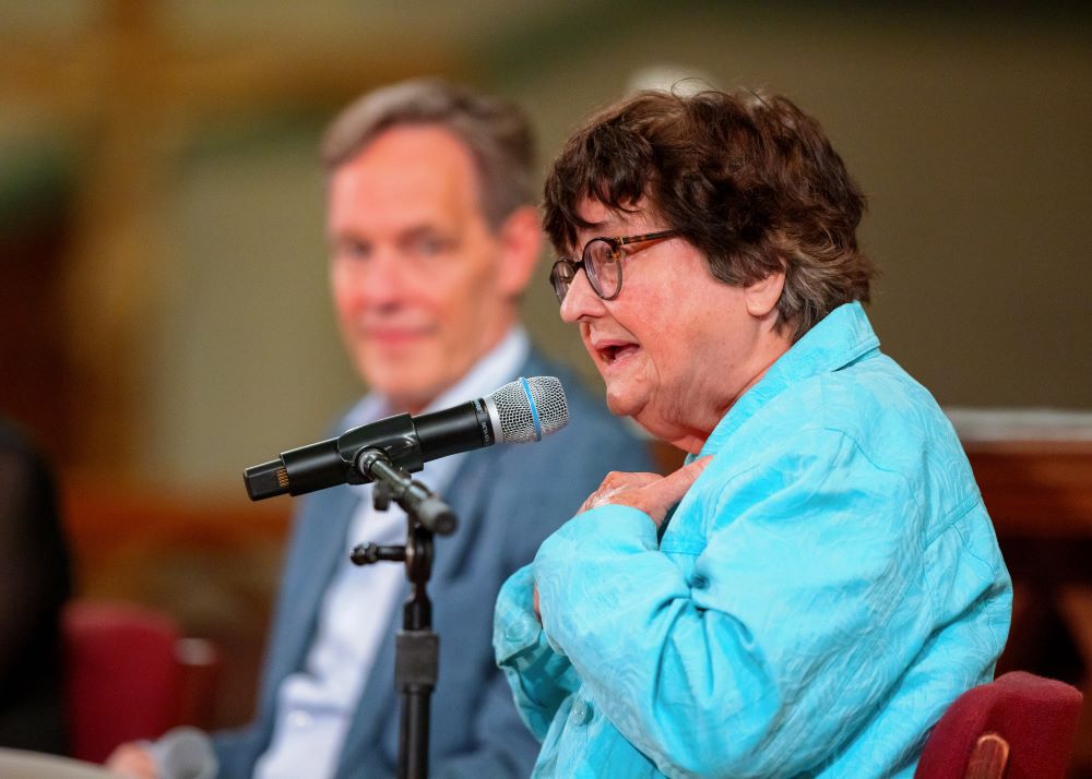 Composer Jake Heggie, left, and Sr. Helen Prejean speak at a Sept. 22 event on the opera "Dead Man Walking"