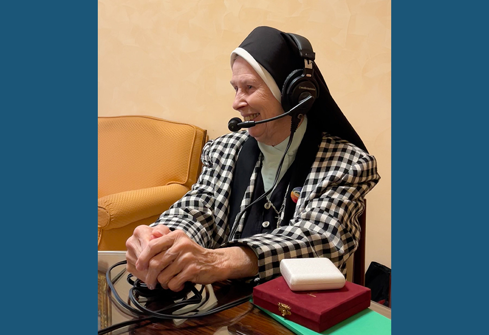 Loretto Sr. Jeannine Gramick speaking on "The Vatican Briefing" podcast about meeting with Pope Francis on Oct. 17 (NCR photo/Joshua J. McElwee)