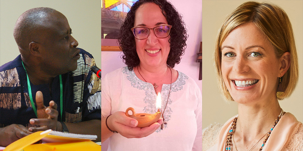 From left: Fr. Emmanuel Katongole (NCR photo/Joshua J. McElwee); Dominican Sr. Lissette Avilés-Ríos (Courtesy of Lissette Avilés-Ríos); Christianna Zenner (Courtesy of Christianna Zenner)