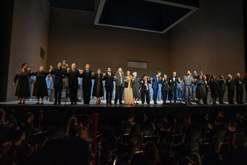 The curtain call closes the Met premiere of Jake Heggie's "Dead Man Walking," which opened the Met's 2023-24 season on Sept. 26. Sr. Helen Prejean is at the center. 