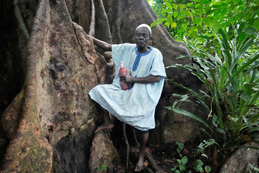 Gilbert Kakpo, a Voodoo priest, stands by a a sacred tree, who he claims is the protector of women at the Bohouezoun sacred forest in Benin, on Thursday, Oct. 5, 2023. “Our divinity is the protector of women,” he says. “If you’re a woman who’s had miscarriages or has given birth to stillborn children and you come here for rituals, you’ll never endure those hardships again ... I can’t count the number of people who have been healed or treated here.” (AP/Sunday Alamba)