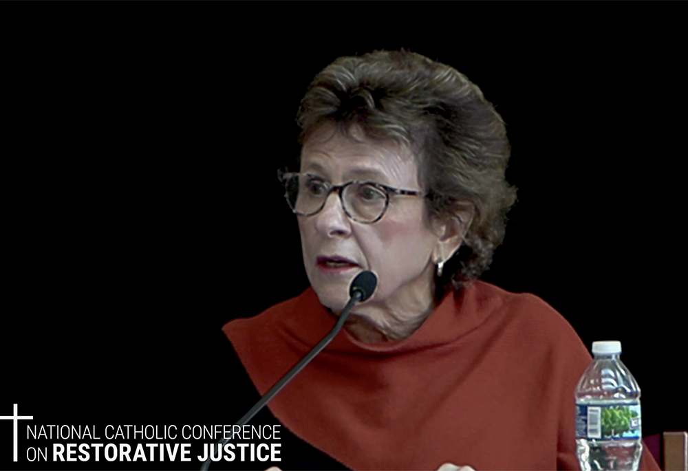 Barbara Thorp, a social worker and the former director of Office of Pastoral Support and Child Protection for the Archdiocese of Boston, speaks Oct. 6 at the National Catholic Conference on Restorative Justice in Minneapolis. (NCR screenshot)