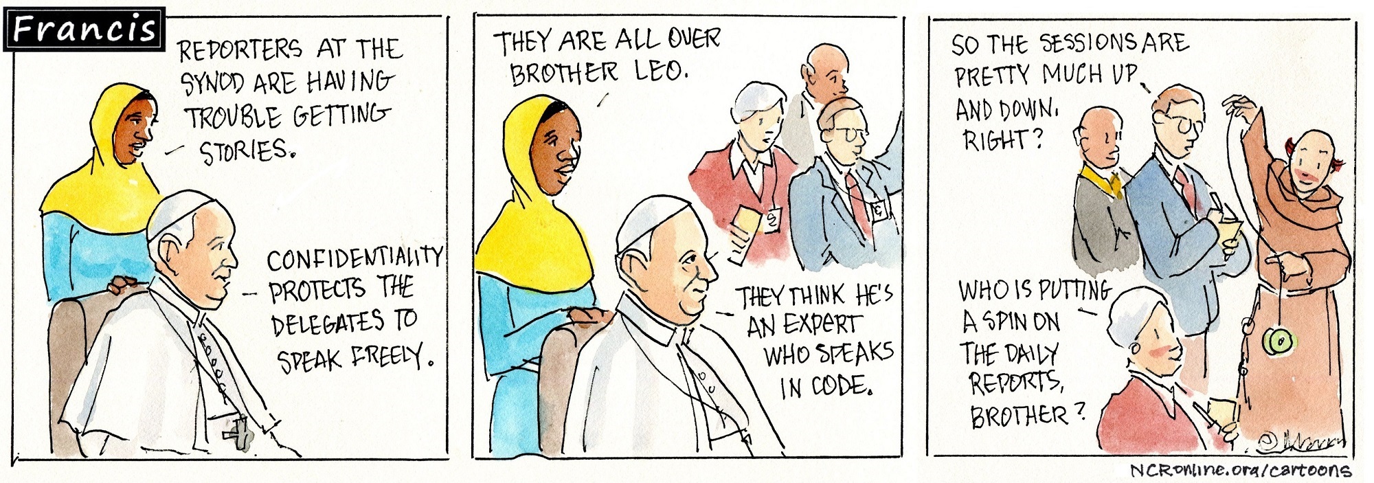 Francis, the comic strip: Reporters hope Brother Leo will give them an inside scoop on the synod. 
