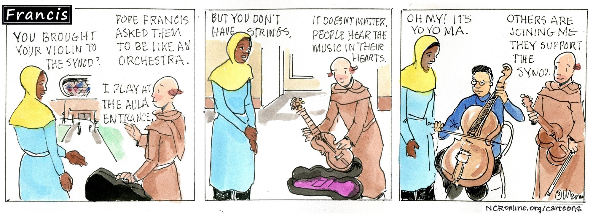 Francis, the comic strip: Brother Leo brings a little music to the synod hall.  