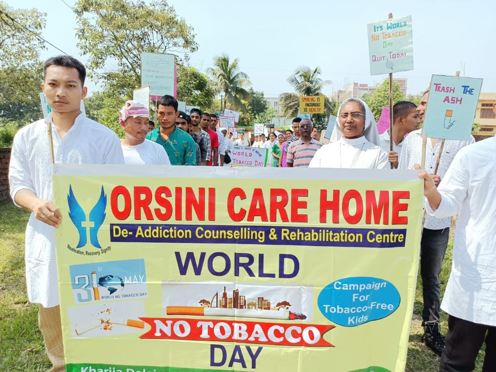 Franciscan Hospitaller Sr. Merin Lukose of Orsini Care Home, Guwahati, Assam, India, leads a campaign against tobacco use among students. (Courtesy of Merin Lukose)