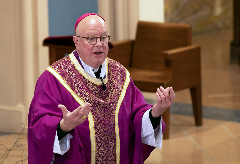 Bishop William Byrne of Springfield, Massachusetts, delivers his homily during Ash Wednesday Mass Feb. 17, 2021, at St. Michael's Cathedral. (CNS/Mary Jeanne Tash via Diocese of Springfield)