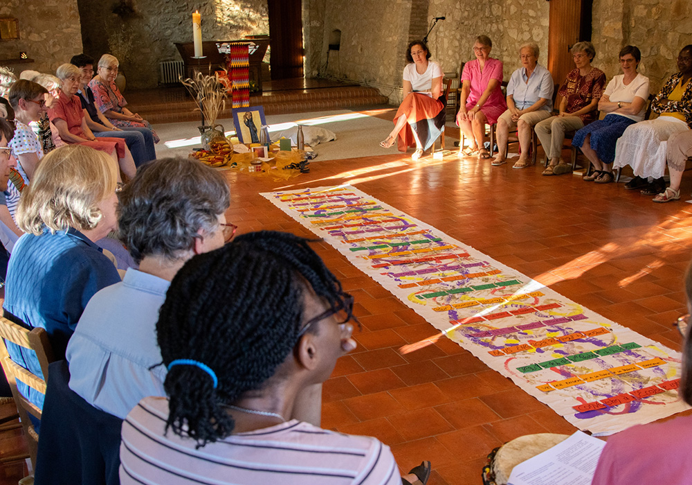 Sisters are gathered at La Pourraque, a house in the French countryside, during the General Chapter of La Xavière Missionnaire du Christ Jésus in July 2023. Sr. Veronique Rouquet says that the preparation for the general chapter was conceived as a synodal process. (Courtesy of Veronique Rouquet)