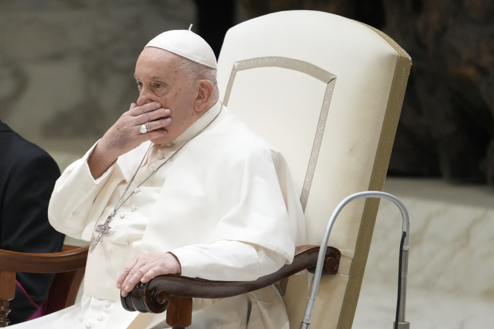 Pope Francis attends the weekly general audience at the Vatican, Wednesday, Nov. 29, 2023. (AP Photo/Gregorio Borgia)
