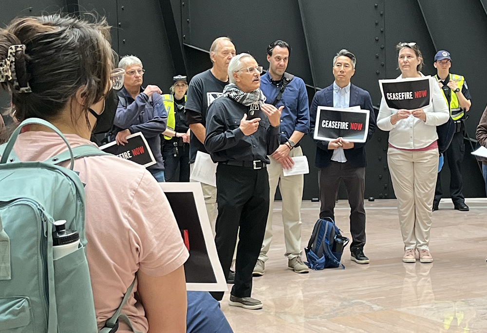 Philip Farah, a Palestinian Christian, begins to speak at a witness inside the Hart Senate Office Building on Nov. 9 to call for an Israel-Hamas cease-fire. (NCR photo/Aleja Hertzler-McCain)