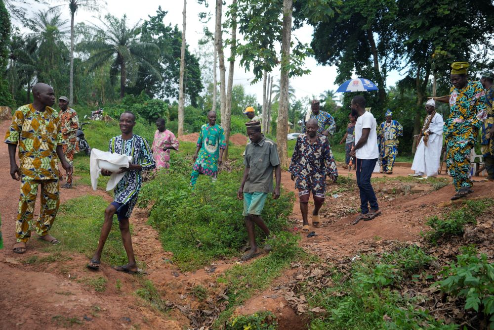 Voodoo worshippers carry a sacrifice wrapped in white cloth to the Oro sacred forest in Adjarra, Benin, on Wednesday, Oct. 4, 2023. Many villagers say the creation of roads, water and electricity was necessary to feel more connected to the rest of the country. Others say allowing any development to overtake the forests is sacrilegious and risks angering the spirits. (AP/Sunday Alamba)