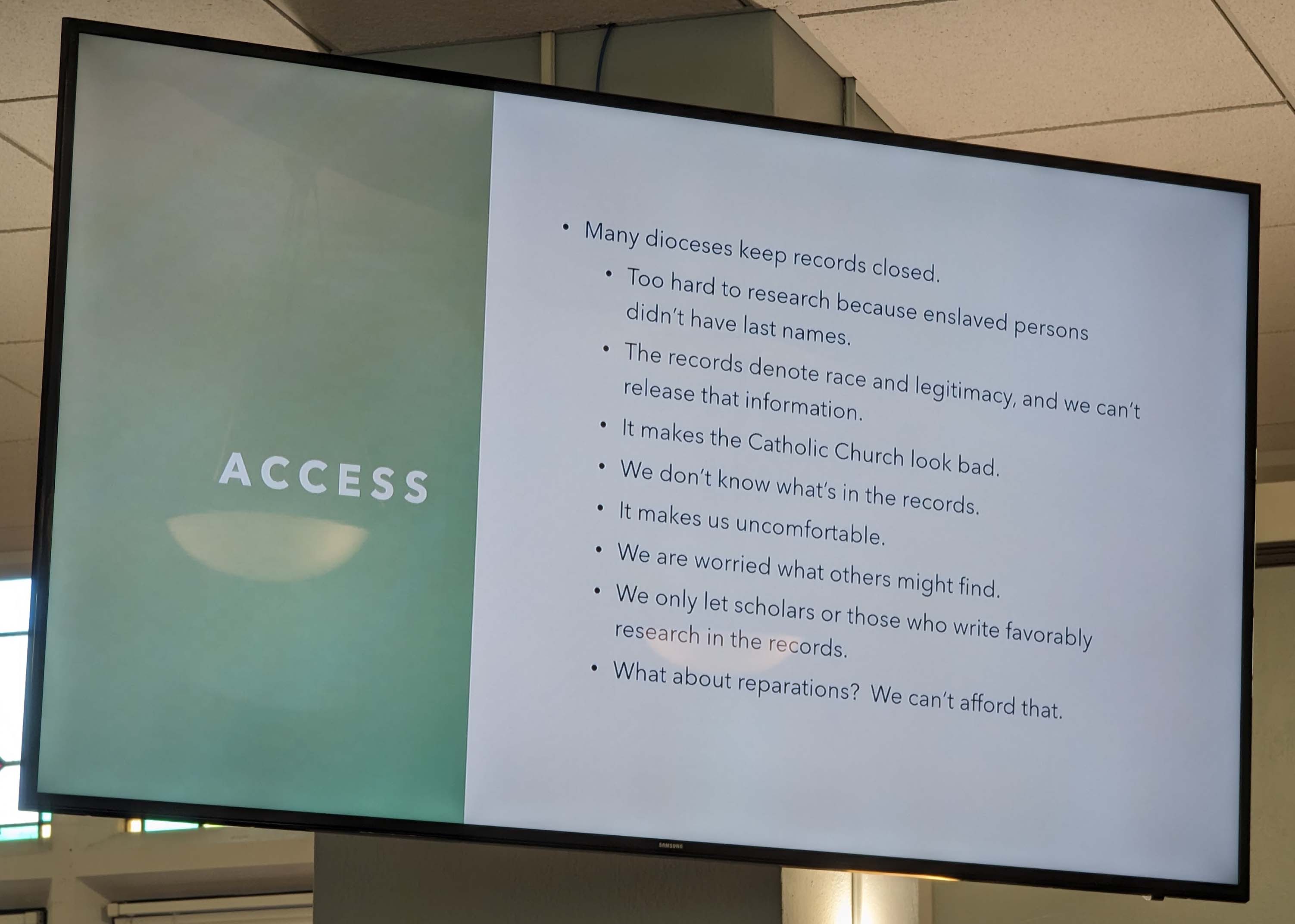 A slide during a presentation at the Catholic Religious Organizations Studying Slavery (CROSS) Conference, held Oct. 30-31 in St. Louis (Black Catholic Messenger/Nate Tinner-Williams)
