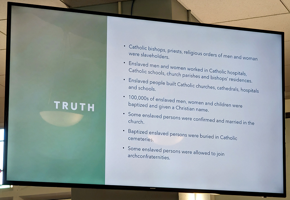 A slide during a presentation at the Catholic Religious Organizations Studying Slavery (CROSS) Conference, held Oct. 30-31 in St. Louis (Black Catholic Messenger/Nate Tinner-Williams)