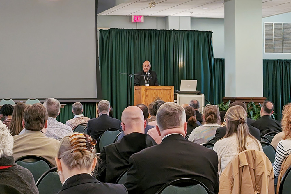 Archbishop Shelton Fabre of Louisville, Kentucky, addresses the inaugural Catholic Religious Organizations Studying Slavery (CROSS) Conference Oct. 30 in St. Louis. (Black Catholic Messenger/Nate Tinner-Williams)