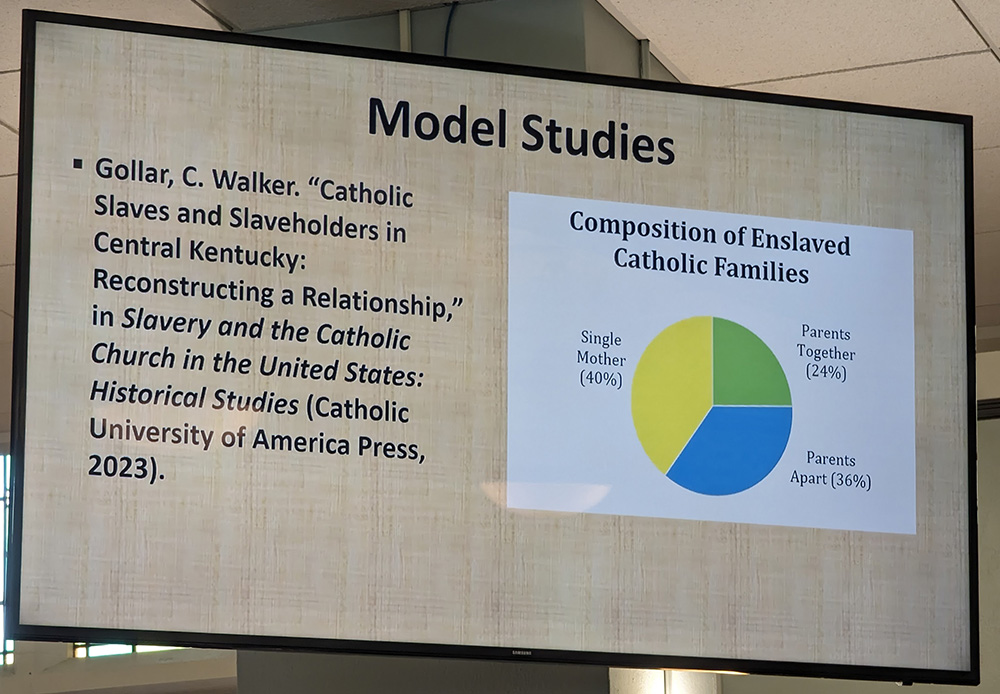 A slide during a presentation at the Catholic Religious Organizations Studying Slavery (CROSS) Conference, held Oct. 30-31 in St. Louis (Black Catholic Messenger/Nate Tinner-Williams)