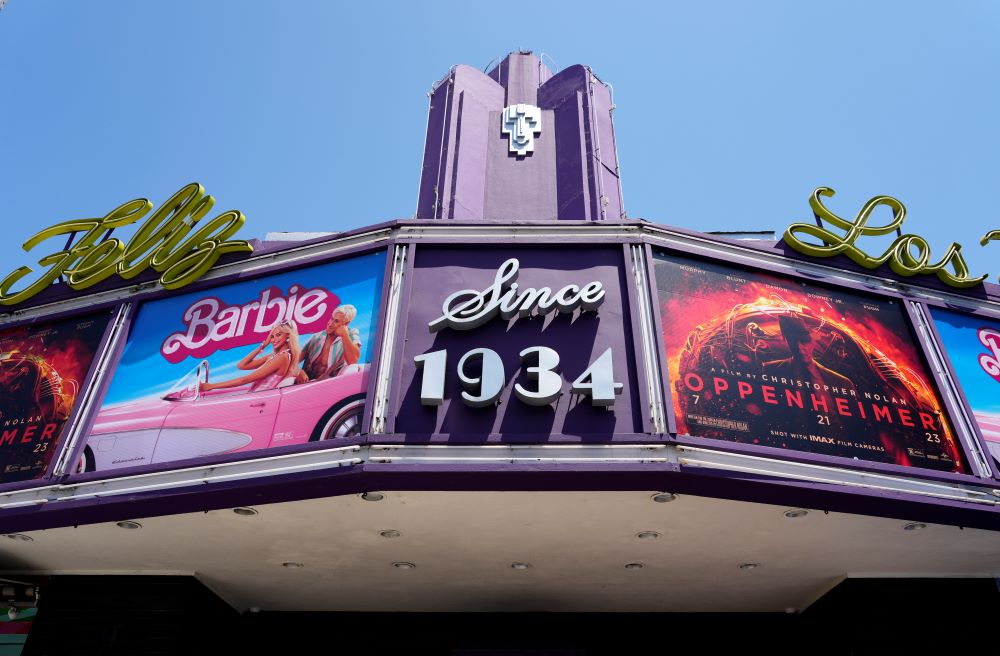 The marquee of the Los Feliz Theatre features the films "Barbie" and "Oppenheimer," on July 28 in Los Angeles. The films both premiered the same weekend. (AP/Chris Pizzello, file)